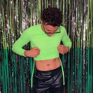 Green Long Sleeve Crop Top with Tie-String Detail